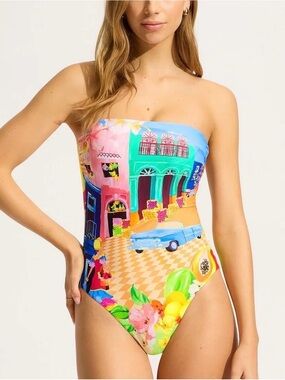 New Seafolly Australia DD Cuba Bandeau One Piece Swimsuit Size US 14 No Straps